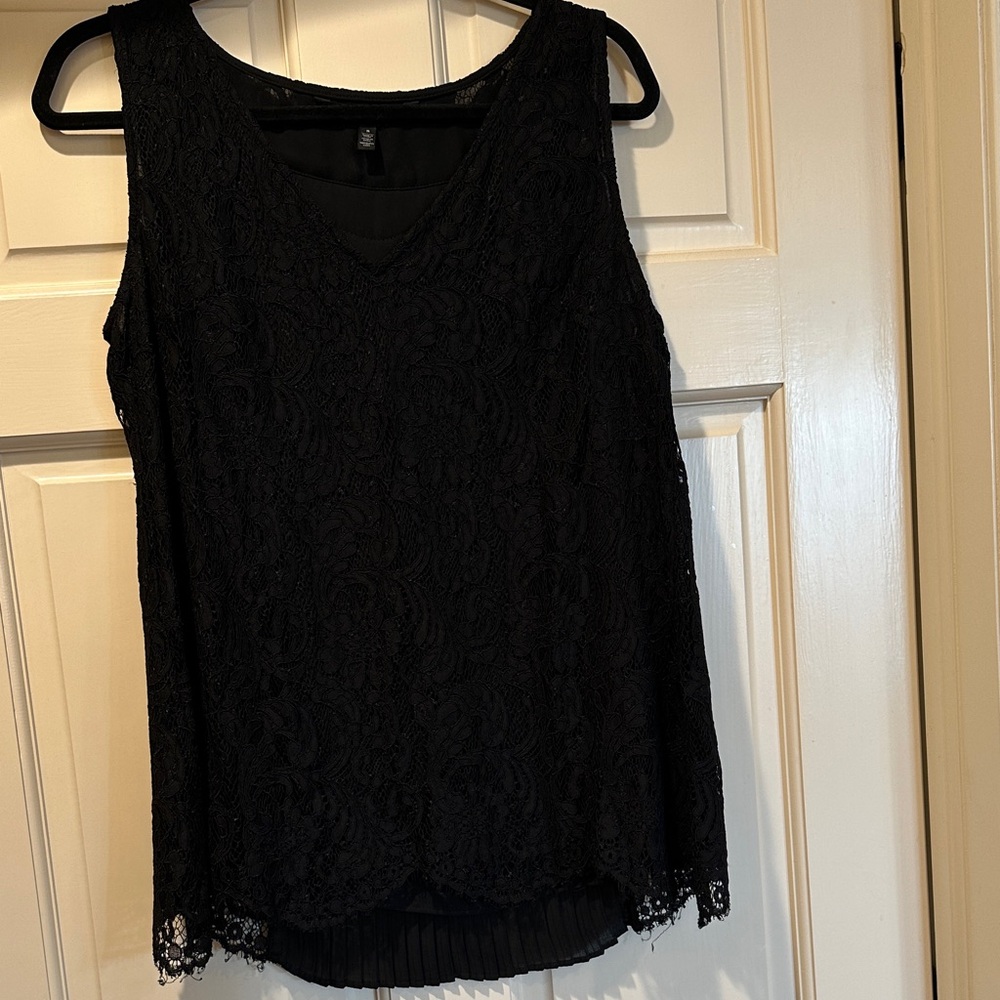 White House Black Market Elegant Black Lace Top with pleated back. Size S